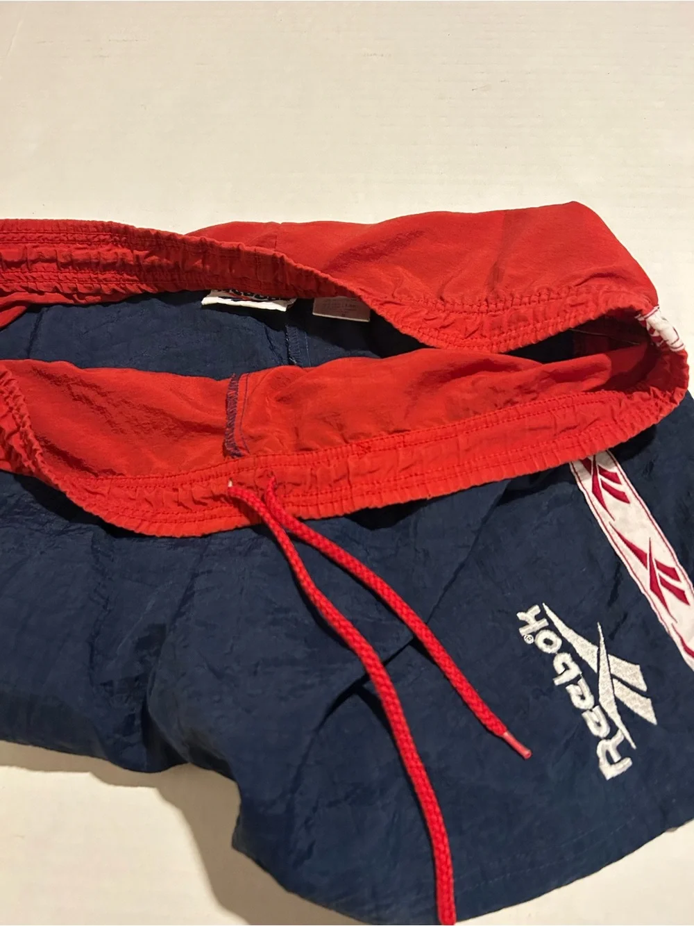Vintage 80s 90s Small Reebok Red White Blue Nylon Trunks Shorts 136 Athletic